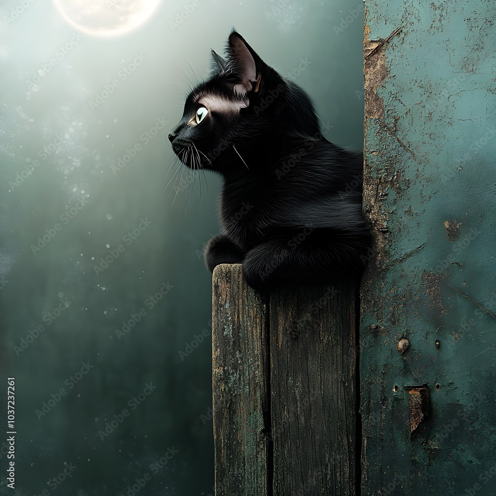 Poster the lithe onyx colored form of a cat perched upon a dilapidated wooden fence its piercing gaze unwav