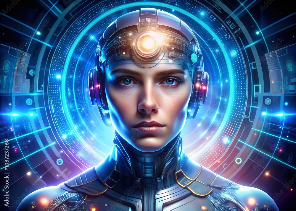 Poster futuristic cyborg with digital interfaces showcasing iot technology in macro photography