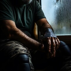Man in a dark room, his hand is wrapped in tape.