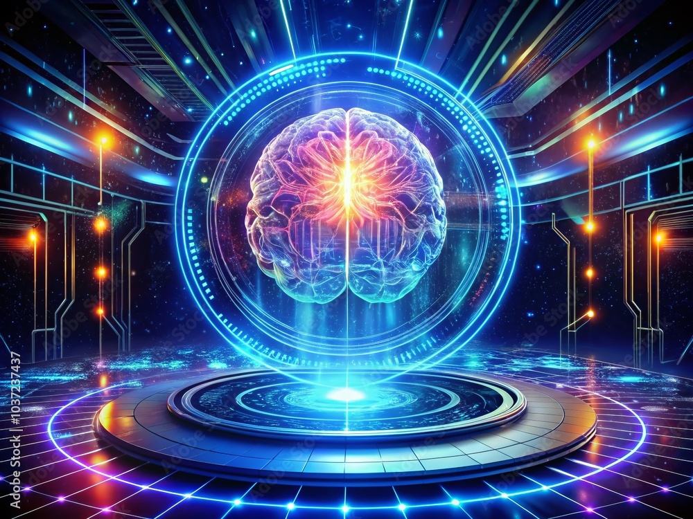 Poster futuristic digital interface with glowing brain hologram and progress bar on tech background