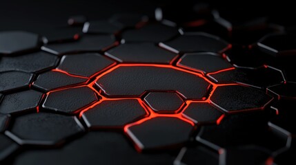 Fototapeta premium Abstract hexagonal pattern with glowing red accents on a dark background.