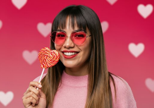 Beautiful young adult woman holding a heart shape lollipop, smiling and wearing pink heart shape sunglasses for valentine's day celebration