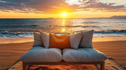 A comfortable sofa facing a sunset on the beach