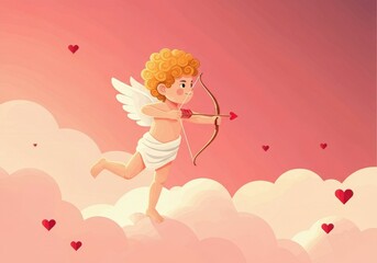 Obraz premium Cupid is flying in the sky and aiming with his bow and arrow to make people fall in love