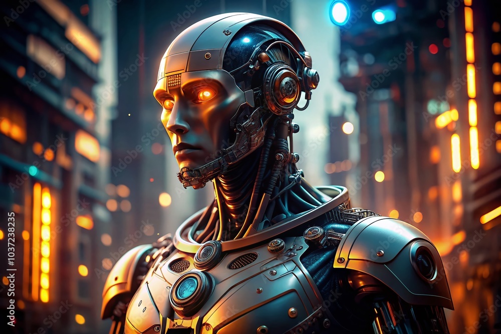 Poster futuristic humanoid robot in low light setting - high-tech design and sleek aesthetics