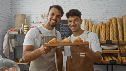 Two hispanic male bakers in a bakery shop holding croissants on a wooden tray, smiling at the camera while standing in front of shelves filled with various types of bread.