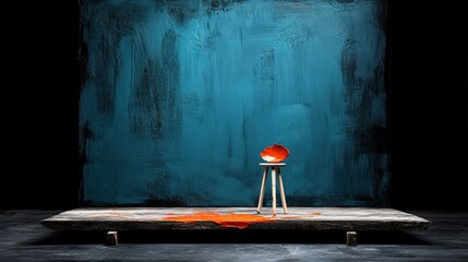 Artistic display featuring a stool and colorful paint splatter against a textured wall.