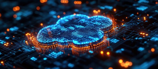 A digital cloud symbol over a circuit board, representing cloud computing technology.