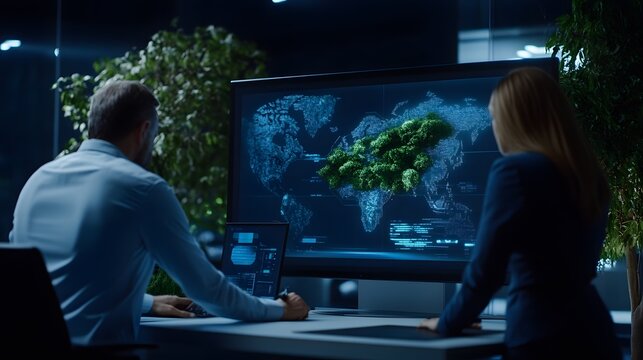 Two colleagues analyze data on a large screen.