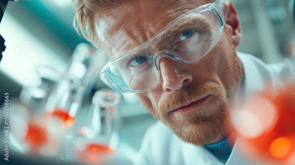 Poster scientist examining test tubes filled with colored liquid in a laboratory setting