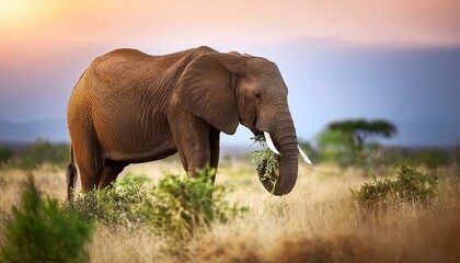 Fototapeta premium Afrikanischer Elefant beim Fressen von Pflanzen in der Wildnis