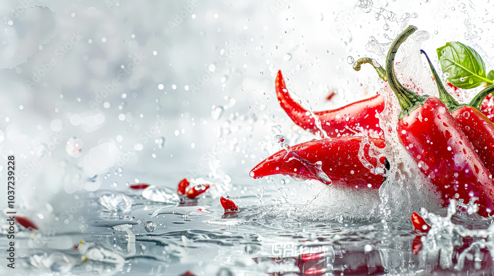 Poster bunch of red peppers are in a pool of water. the peppers are floating on the water and the water is 