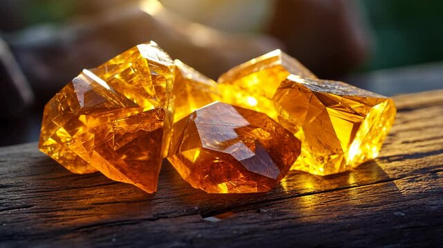 A group of golden citrine crystals sit on a piece of weathered wood, catching the afternoon sun