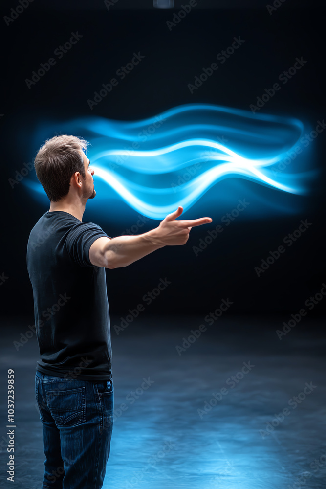 Poster a man engaging with ethereal light waves a surreal moment of connection and expression