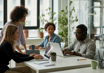 Diverse team of young professionals is working on a project, collaborating and using laptops in a modern office environment