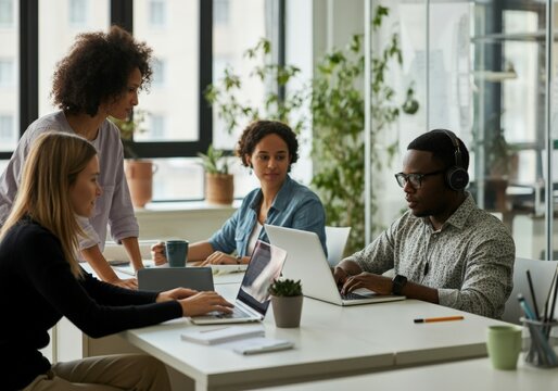 Diverse team of young professionals is working on a project, collaborating and using laptops in a modern office environment