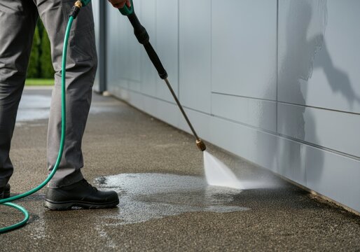 Worker is cleaning a wall using a high pressure water jet