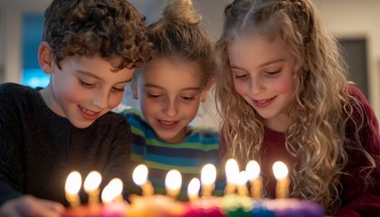 Children lighting the menorah together as part of a cherished Hanukkah family tradition.