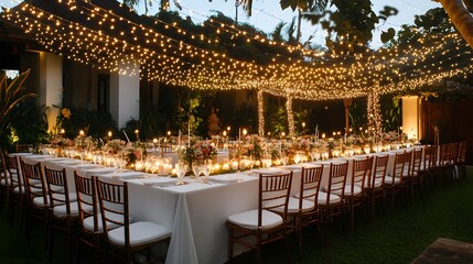 Garden wedding reception decorated with fairy lights hanging above long dinner tables with white tablecloths