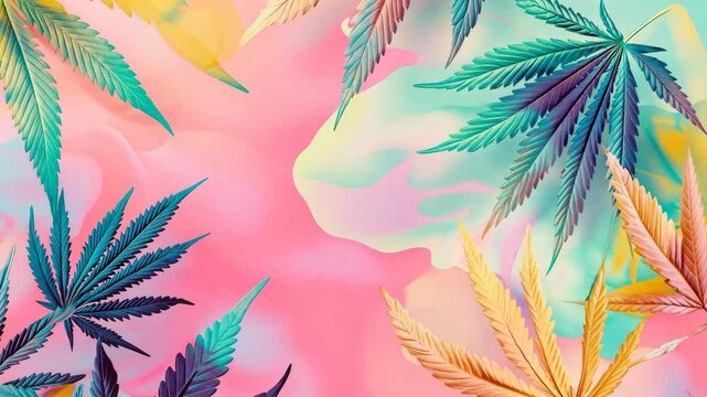 Colorful marijuana leaves against a pink background