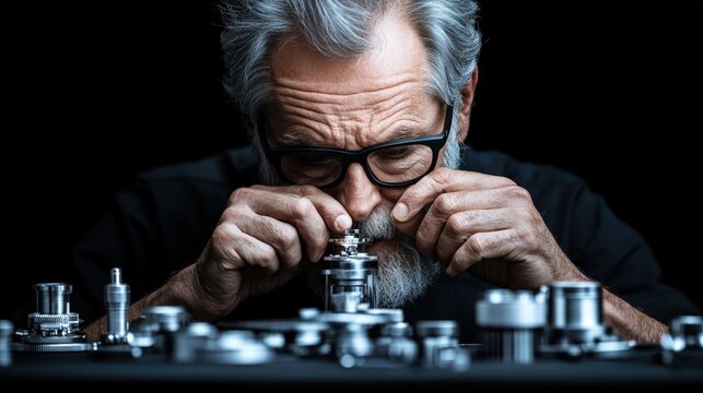 Elderly man meticulously assembling intricate watch components in a dim workshop - Powered by Adobe