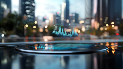 Futuristic urban soundwave visualization over cityscape highlighting technology and innovation