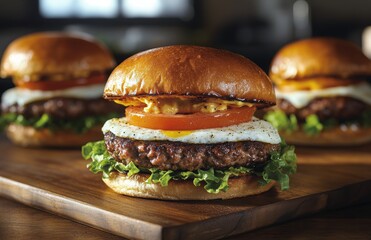 Delicious gourmet burgers with lettuce, tomato, and fried egg served on wooden platter