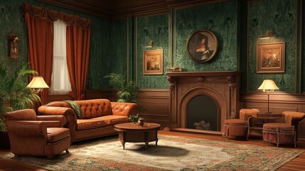 Cozy vintage living room with elegant decor and warm lighting.
