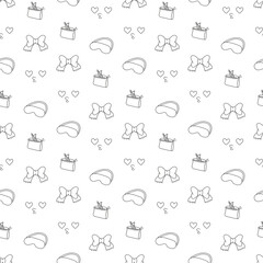 A cute seamless background with doodle-like patterns of sleep mask, pouch, ribbon, kiss, lips, and heart. 수면안대, 파우치, 리본, 뽀뽀, 입술, 하트 패턴이 낙서하듯 그려진 이음새 없는 귀여운 배경지