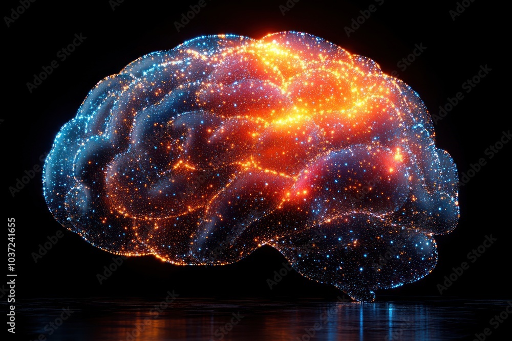 Poster a glowing, abstract representation of a brain with vibrant colors and star-like patterns.
