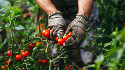 Fototapeta premium Man is holding a bunch of ripe tomatoes. The tomatoes are red and appear to be ready for harvest