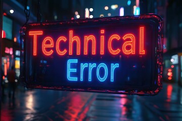 A neon sign displaying "Technical Error" in bright colors, set against a city backdrop.