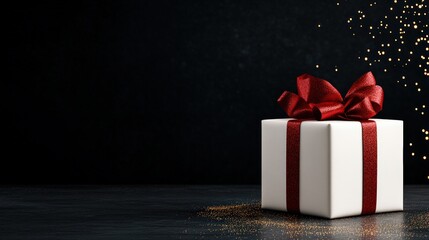 Festive gift box with red ribbon on black background, perfect for holidays.