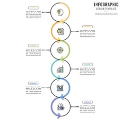 Circular linear infographic template or element with 6 step, process, option, colorful connected circle, label, shadow, minimal style for sale slide, agenda, schedule, flowchart, workflow, calendar