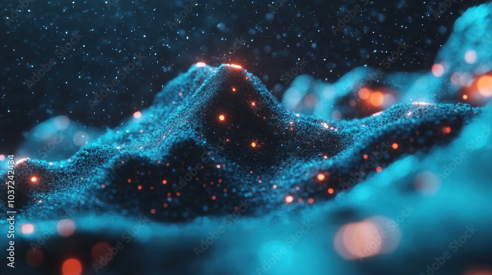 Poster abstract representation of a glowing landscape with particles and light effects in darkness