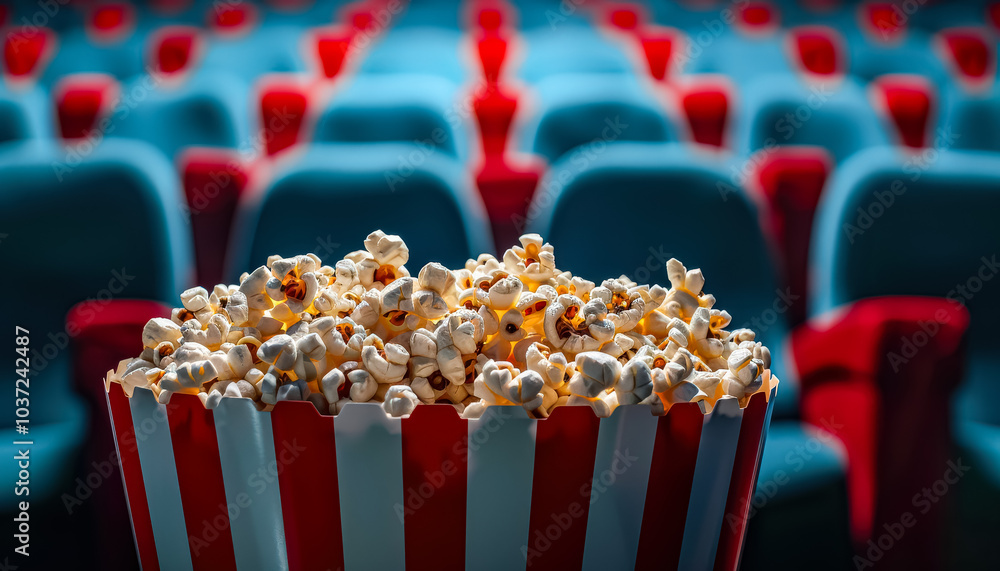 Poster red and white popcorn bucket sits on a table in front of a row of blue chairs. the chairs are empty,