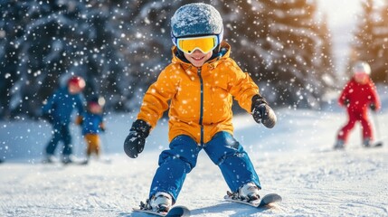 A joyful child skiing down a snowy slope wearing bright winter gear during a sunny day at a ski resort