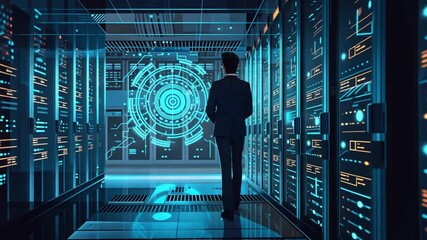 A person dressed in business attire walks through a modern data center filled with glowing server racks, while advanced digital interfaces display real-time analytics on the walls.