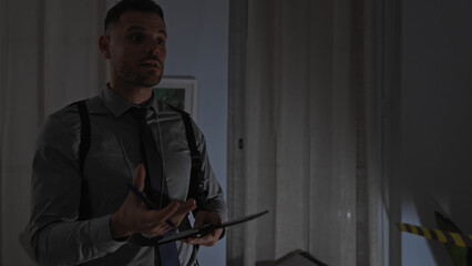 Suspenseful indoor scene with a handsome hispanic man analyzing crime evidence in a dimly lit...