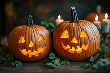Obraz premium Carved Halloween pumpkins with candlelight and greenery in the background, perfect for festive home or party decorations.