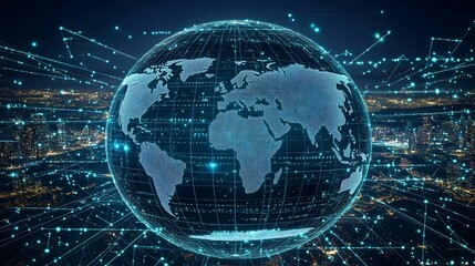 Obraz premium A glowing globe with digital lines and dots representing global connection and communication.