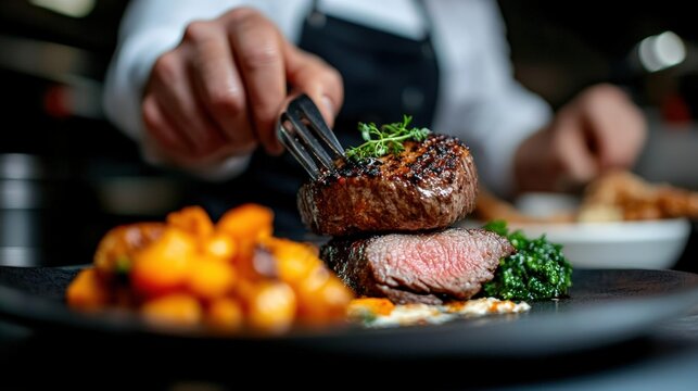 Chef plating a gourmet steak with vegetables in a busy restaurant kitchen