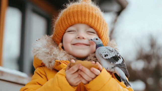 A cheerful child in a bright yellow coat holds food for a pigeon in a winter setting