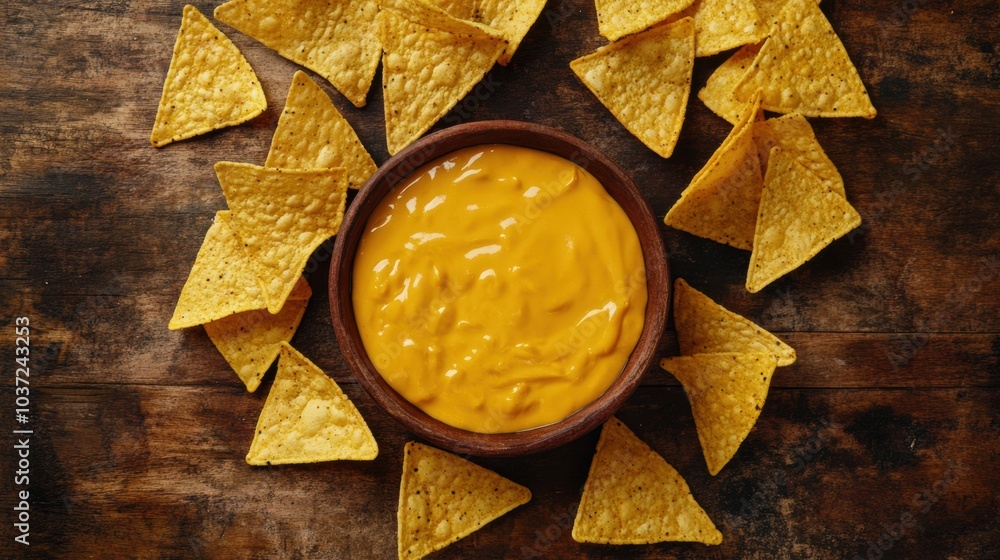 Poster crispy corn chips surround a bowl of warm cheese sauce, creating an inviting snack perfect for shari