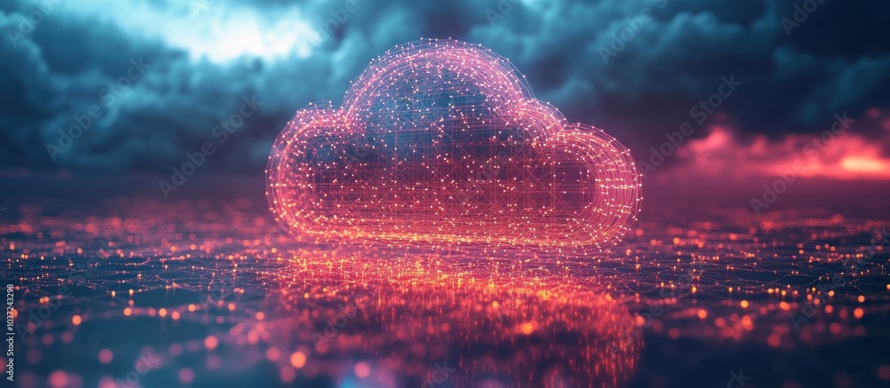 Poster a digital cloud representation with glowing particles over a reflective surface.