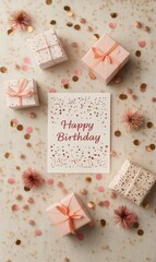 Happy birthday card with gifts and confetti.