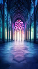 Obraz premium A large stained glass window casts a vibrant glow on the tiled floor of a cathedral.