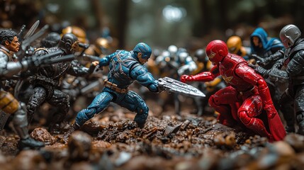 Action figures depicting a battle scene in a forest setting.