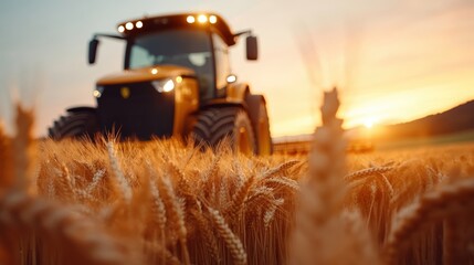 Fototapeta premium Tractor harvesting wheat during sunset in a golden field with vibrant colors