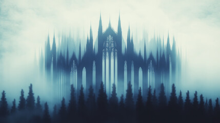 A gothic cathedral rises above a misty forest, its intricate stonework barely visible through the ethereal fog.